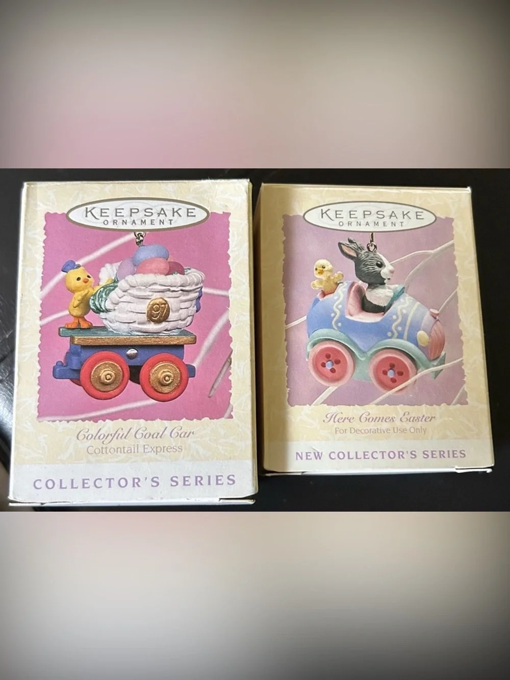 3- Hallmark,ornaments.Coal car 1997, Apple Blossom 1996, Here comes Easter 1994